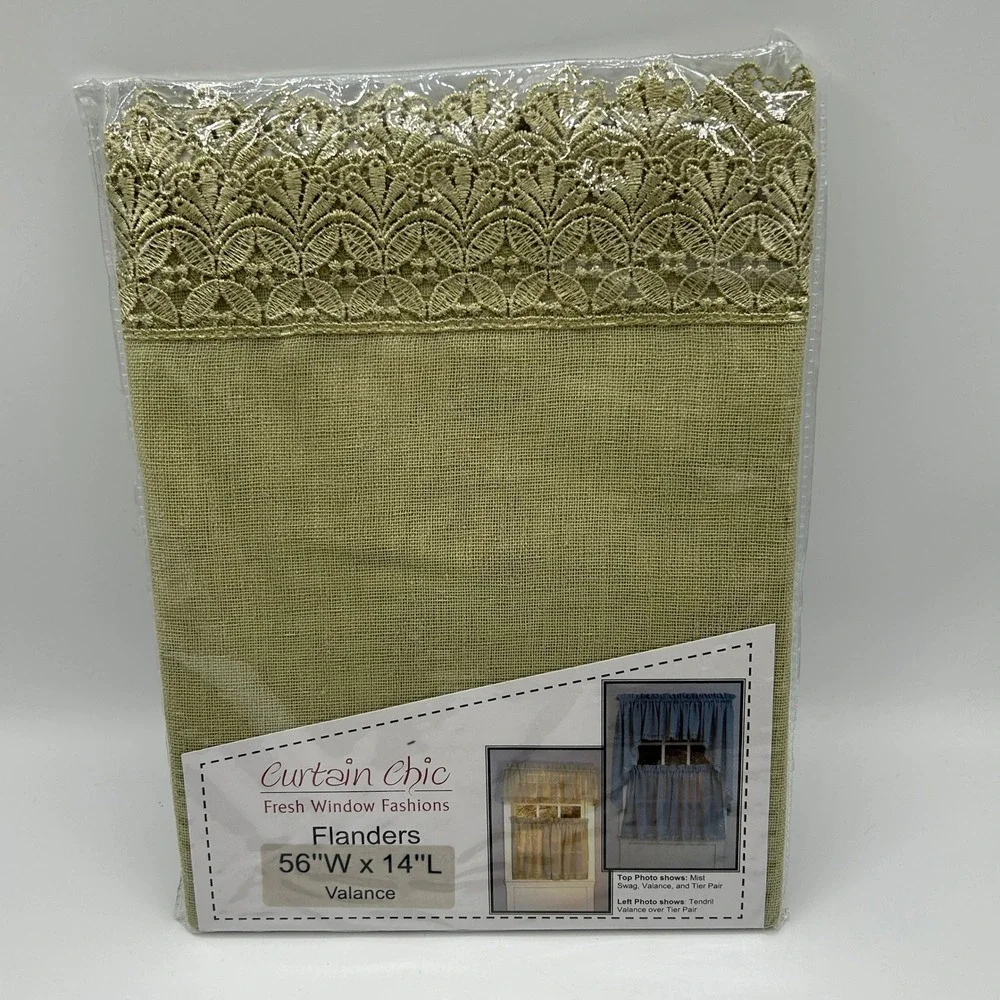 Curtain Chic Flanders Tendril Green Linen Look Venetian Lace Valance 56x14 NEW